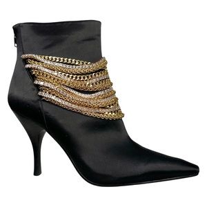 NEW! JEFFREY CAMPBELL black satin boots booties gold chains rhinestones sz 9.5